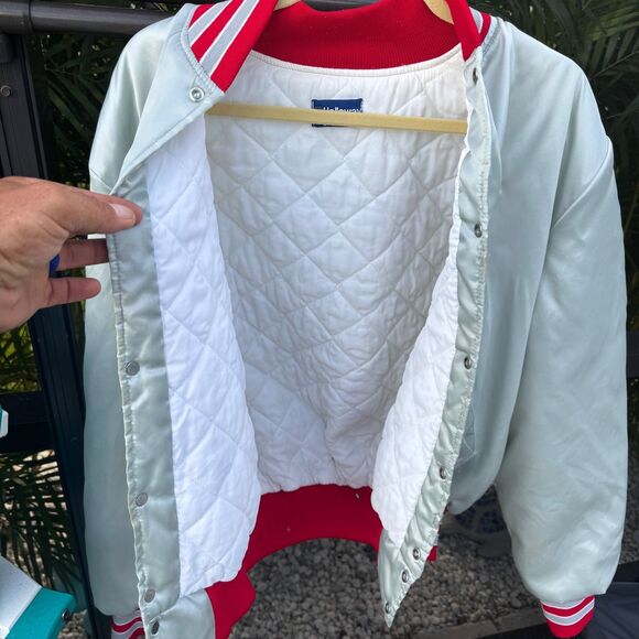 Vintage Ohio State Buckeyes Satin Holloway Snap Jacket Silver Red Mens Large - Picture 8 of 12